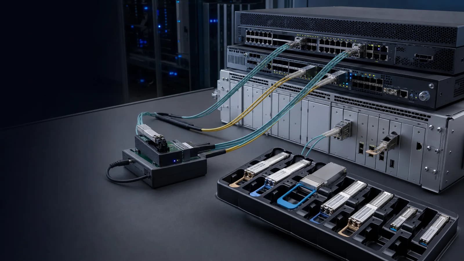Optical transceivers in an interoperability test environment