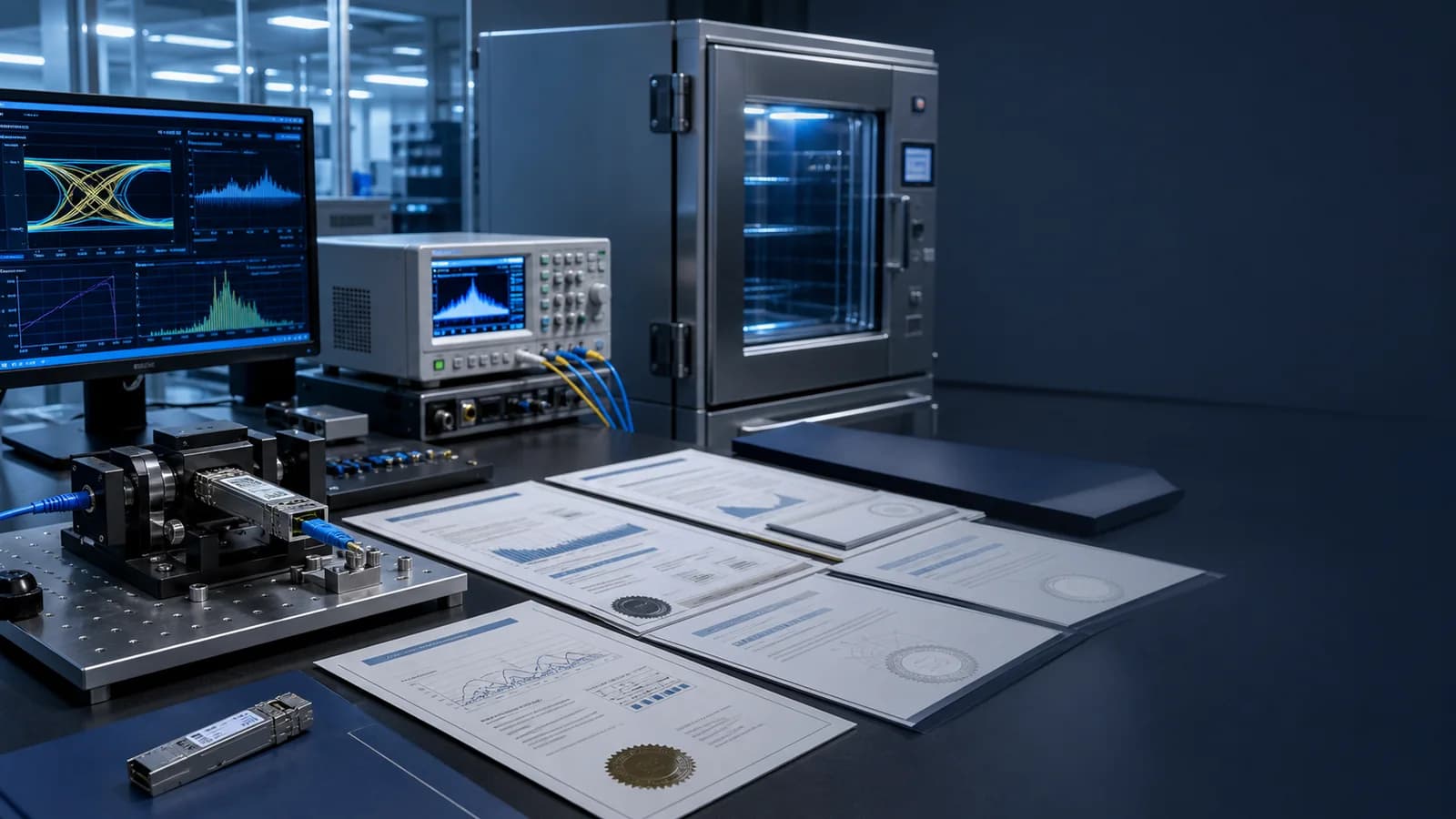 Optical module compliance reports beside test equipment