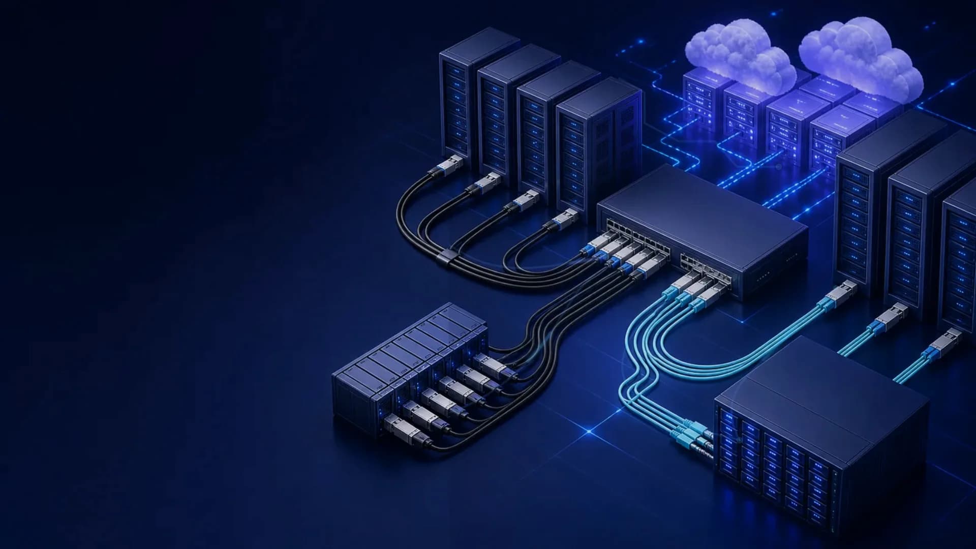 DAC and AOC interconnect paths between network switches and servers