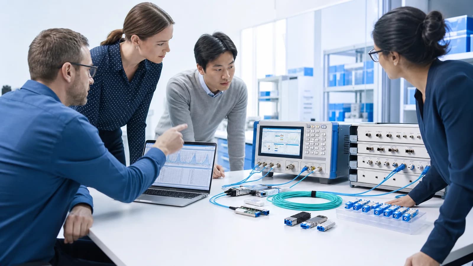 Fiberland optical engineering team reviewing transceiver products