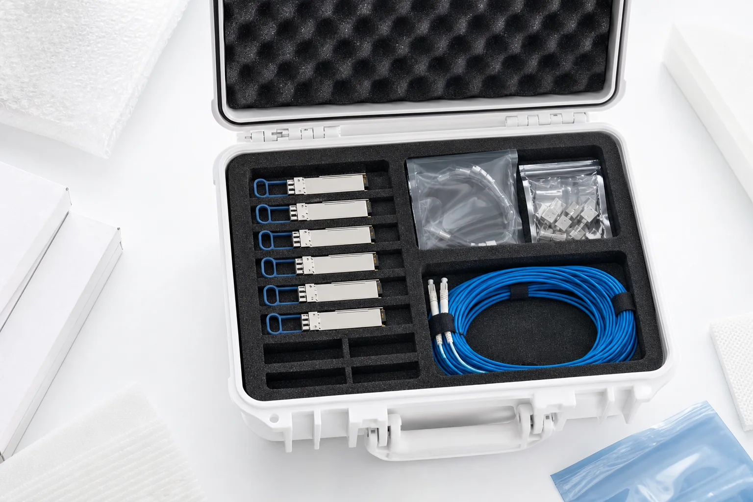 Optical modules packed in a protective shipment case