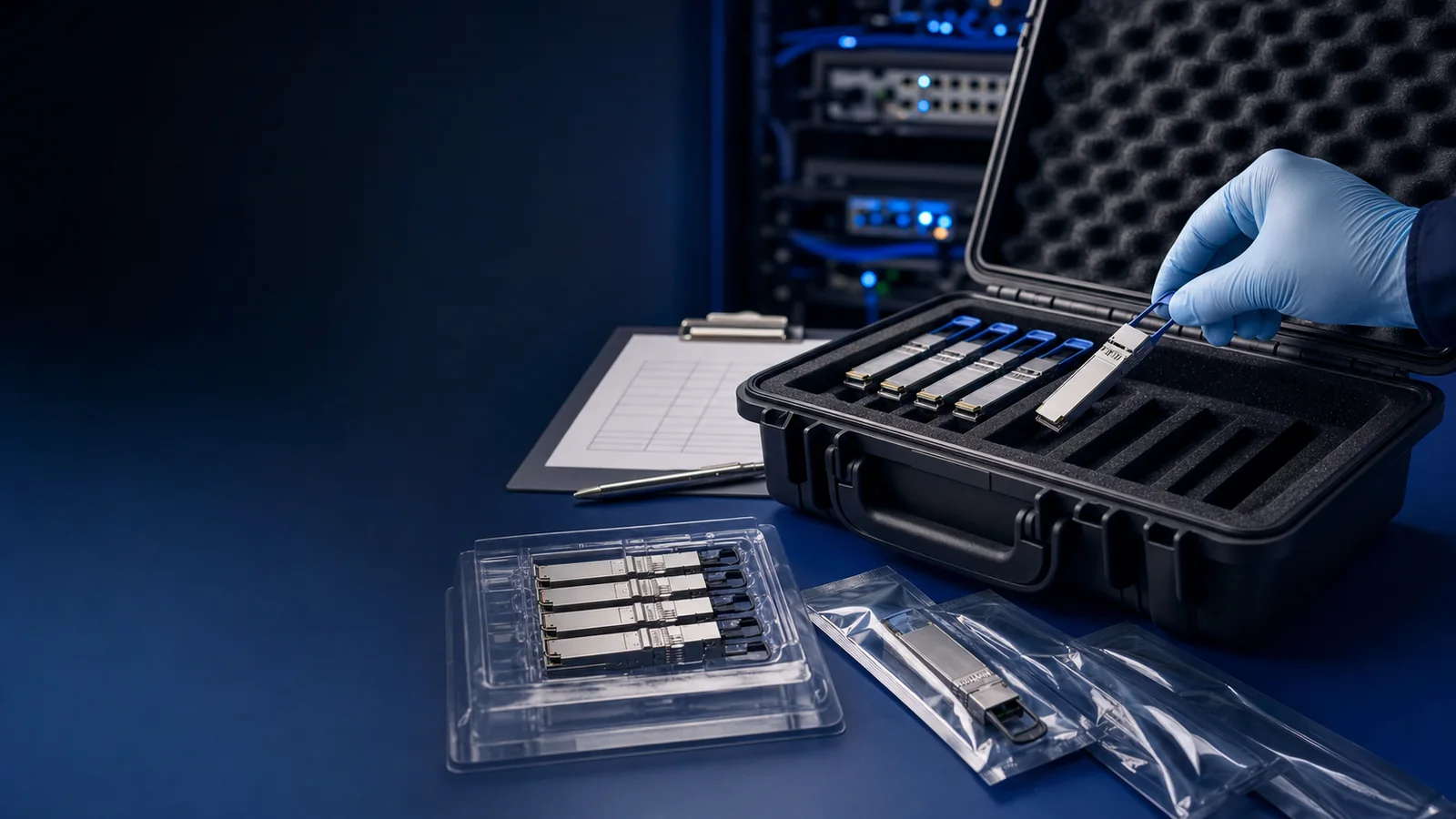 Inspected optical modules organized in a protective service case